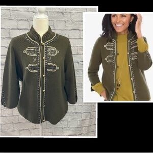 Chico's Embellished knit jacket Military style Olive green EUC